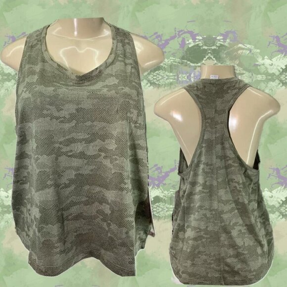 Danskin L Green Mesh Camouflage Print Sccop Neck Racerback StepHem Crop Tank Top - Picture 1 of 6